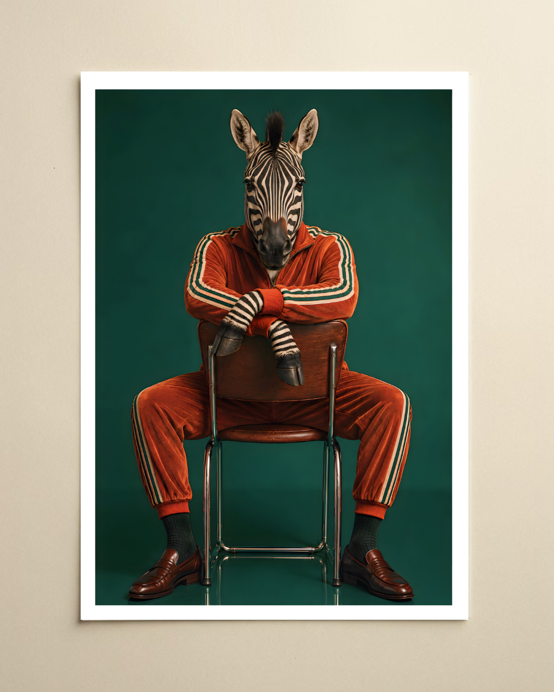 A framed art print featuring a zebra wearing an orange tracksuit and sitting on a chair against a dark green background, displayed on a beige wall.