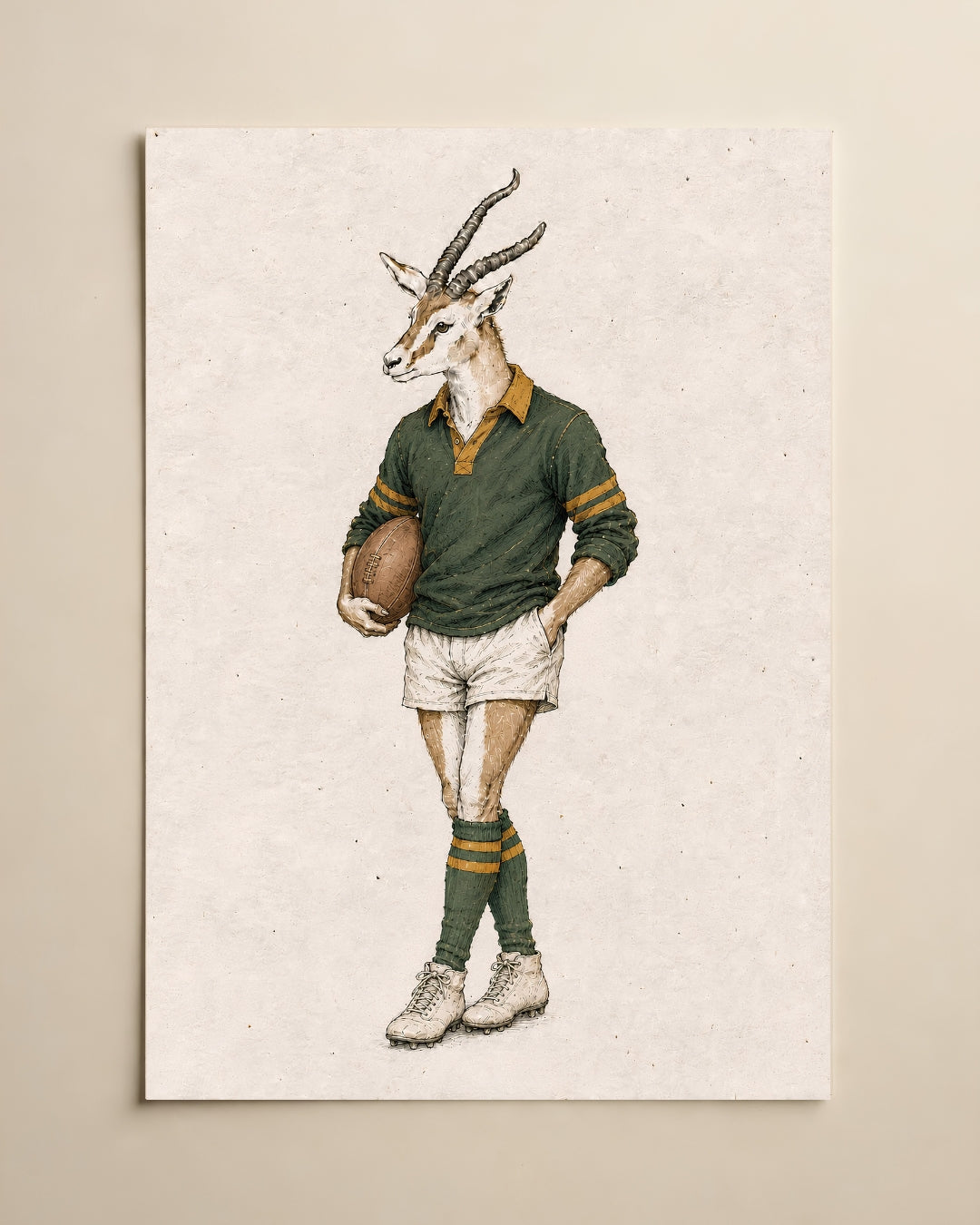 A vertical art print featuring a whimsical illustration of a springbok antelope dressed in a vintage rugby jersey, shorts, and socks, holding a rugby ball. The print is displayed on a neutral beige wall.