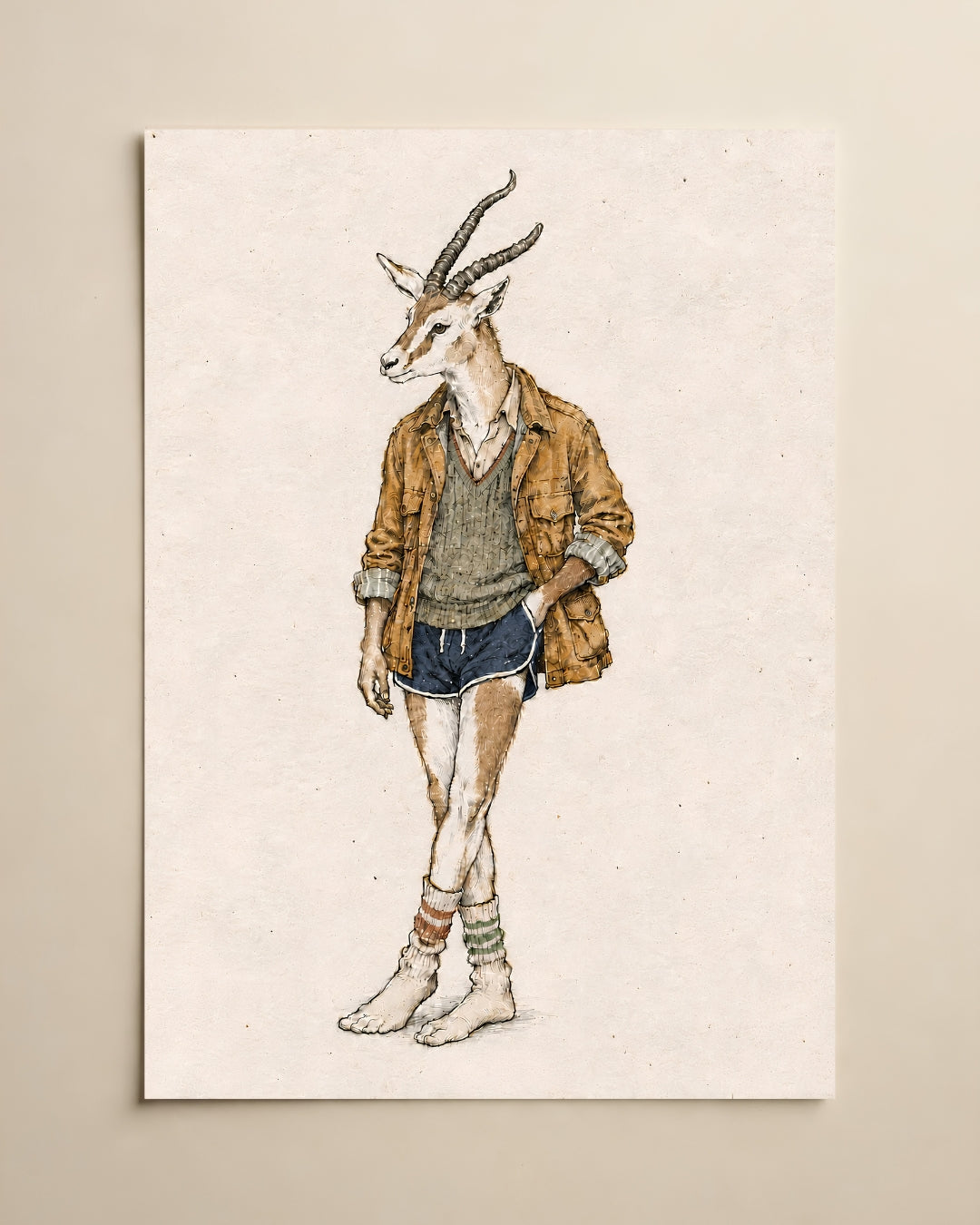 A vertical art print featuring a whimsical watercolor illustration of a gazelle dressed in casual clothing, displayed on a neutral beige wall.