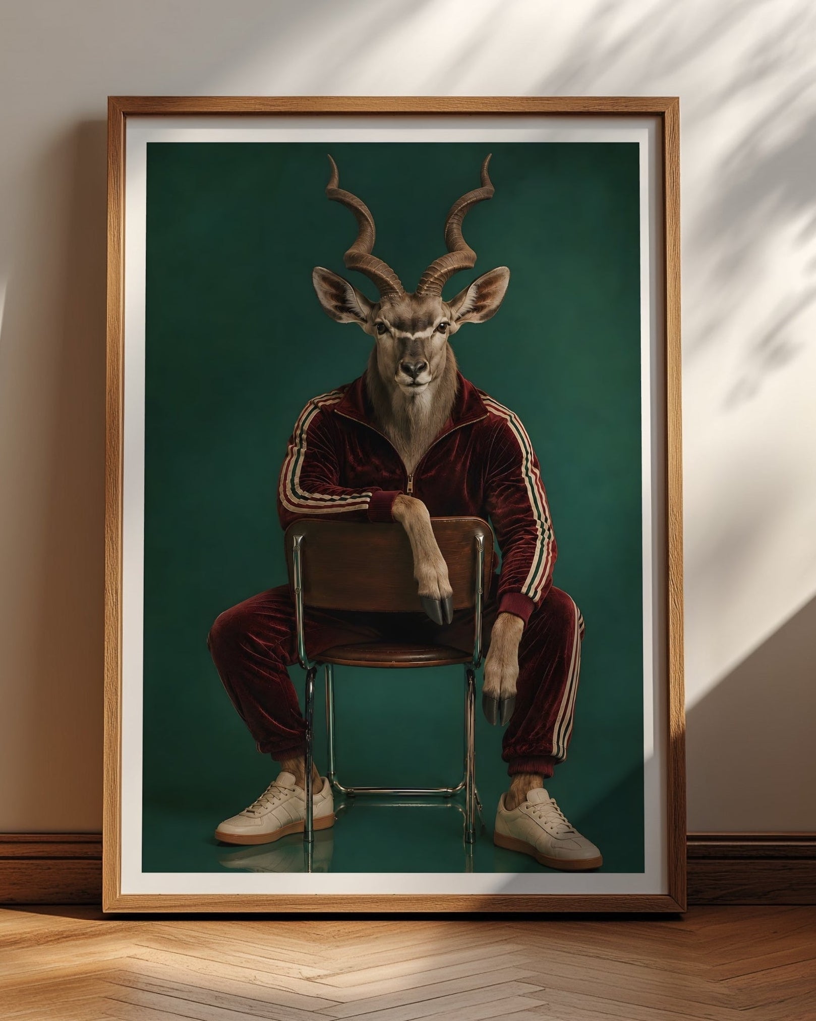 A framed art print featuring a surreal portrait of a kudu-like animal dressed in a burgundy tracksuit and seated on a chair, set against a dark teal background. The print is housed in a light wood frame with a white mat and leans against a beige wall on a wooden floor, with dappled sunlight casting shadows on the wall.