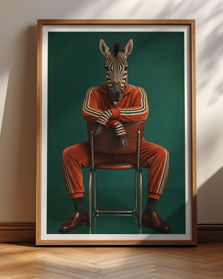 A framed art print leaning against a wall on a wooden floor. The print shows a zebra wearing an orange tracksuit sitting on a chair against a dark green background.