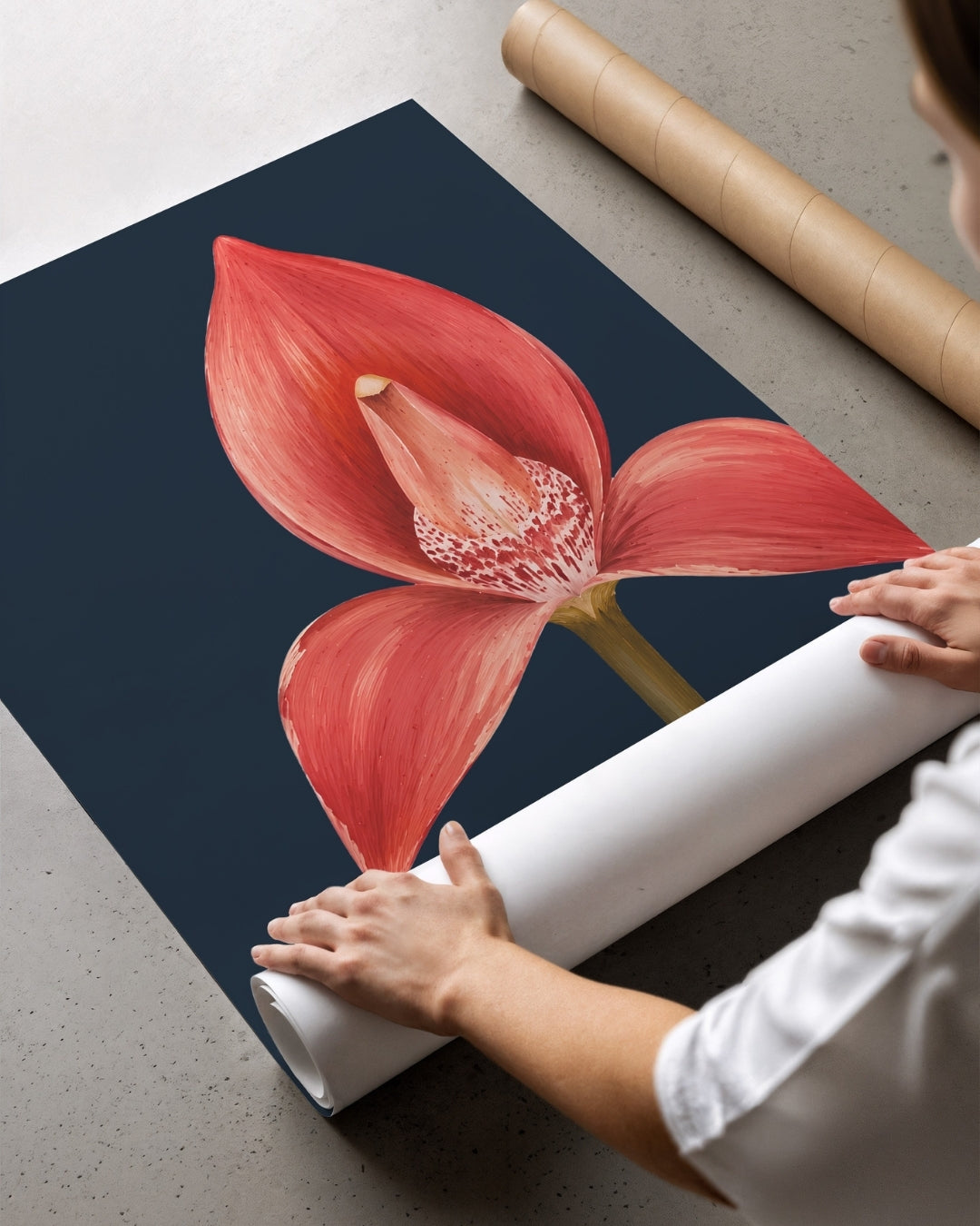 A person is unrolling a large wall art print or poster featuring a vivid coral-red flower on a dark navy background, with cardboard shipping rolls nearby on a gray floor.