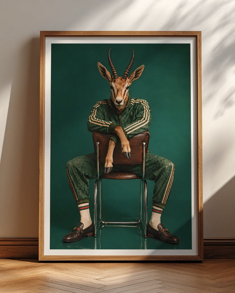 A framed art print featuring a stylized portrait of an antelope seated on a stool against a teal background, leaning against a beige wall on a wood floor with dappled sunlight and shadows.