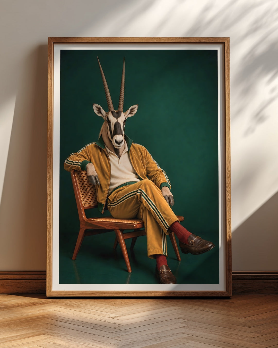 A framed art print leaning against a wall on a wooden floor. The print shows a stylized portrait of a seated person wearing a yellow tracksuit with green stripes, a white shirt, and a giraffe head mask, set against a dark green background.