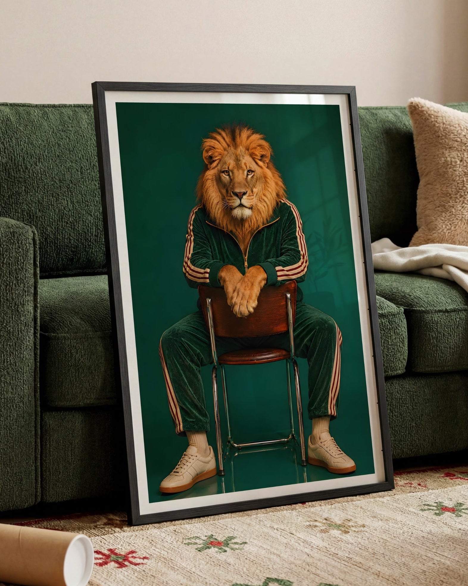 A framed art print featuring a lion dressed in a green tracksuit sitting on a stool, leaning against a dark green sofa in a living room setting.
