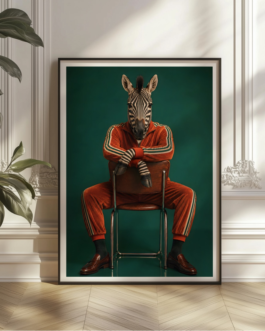 A framed art print featuring a zebra dressed in an orange tracksuit sitting on a chair against a dark green background, displayed on a light wood floor in a classical room setting with a potted plant.