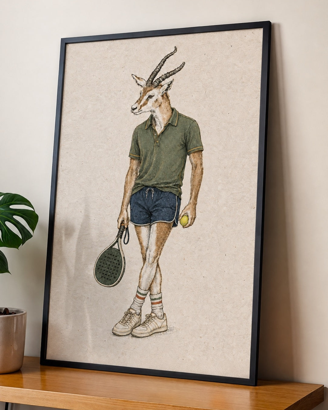 A framed art print featuring a whimsical illustration of a gazelle with a tennis head, wearing an olive green polo shirt, denim shorts, and holding a tennis racket and a tennis ball, displayed on a wooden shelf next to a potted plant.