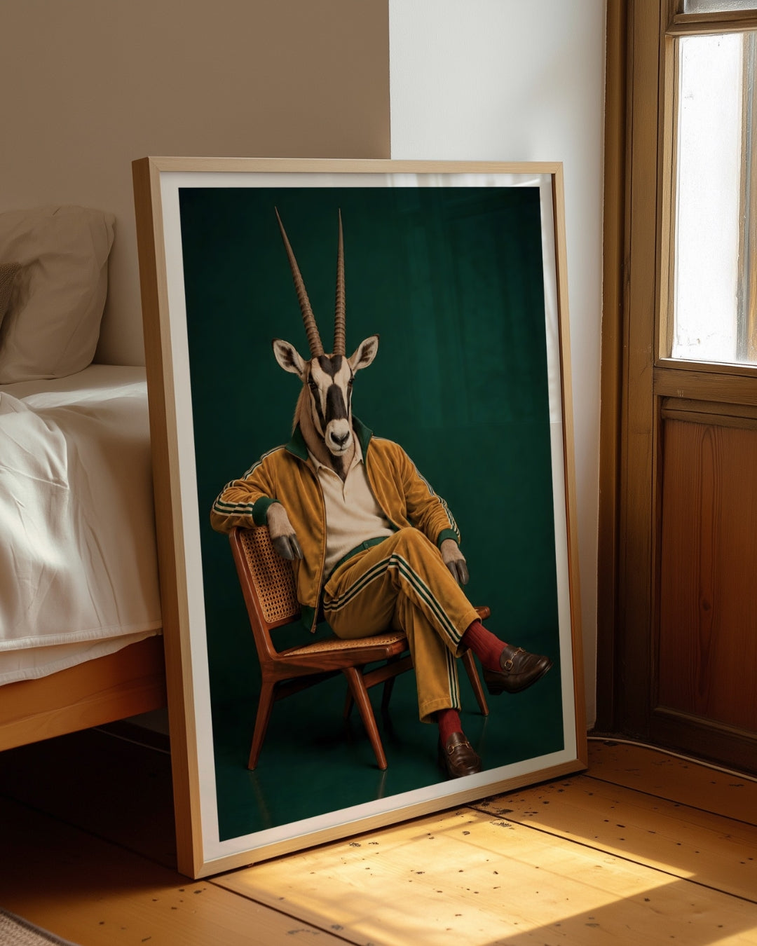 A framed art print leaning against a wall in a sunlit bedroom. The print shows a stylized portrait of a gazelle with long horns seated in a chair against a dark green background, wearing a yellow tracksuit.
