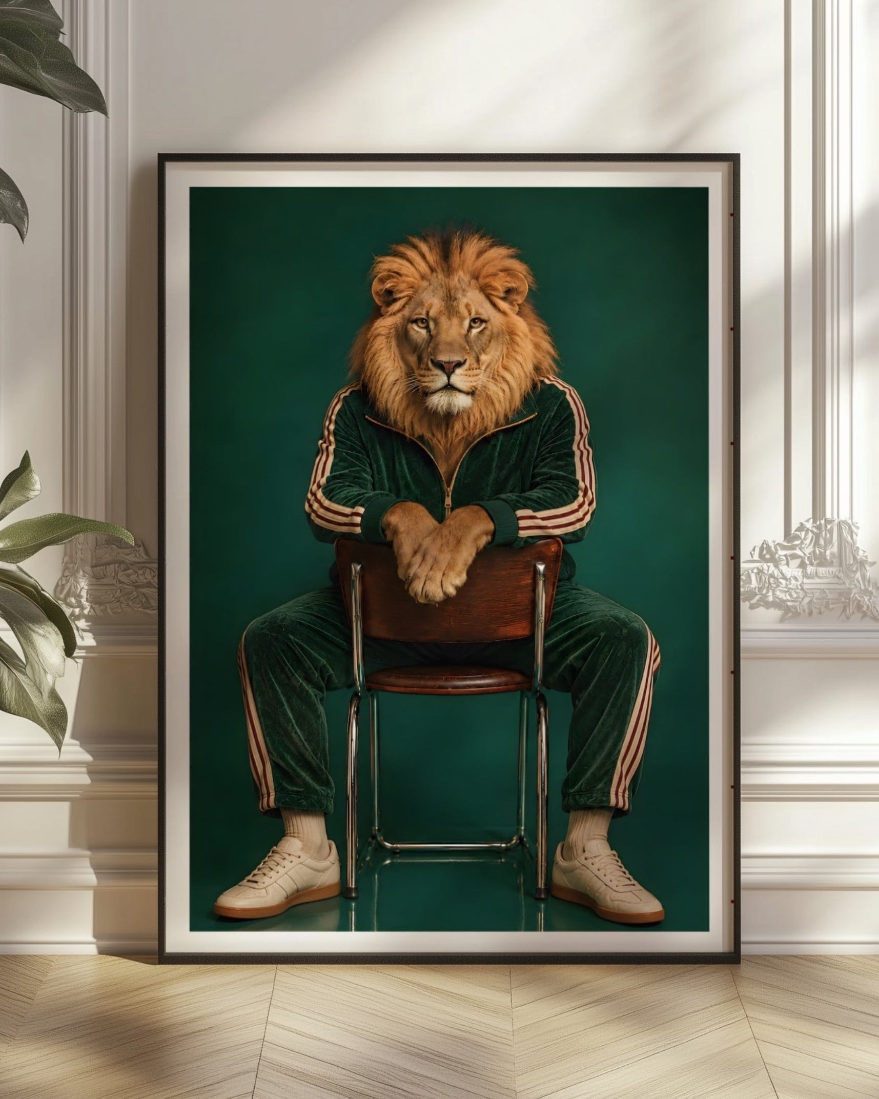A framed art print featuring a lion dressed in a green tracksuit sitting on a chair, displayed leaning against a white paneled wall on a light wood floor next to a green plant.