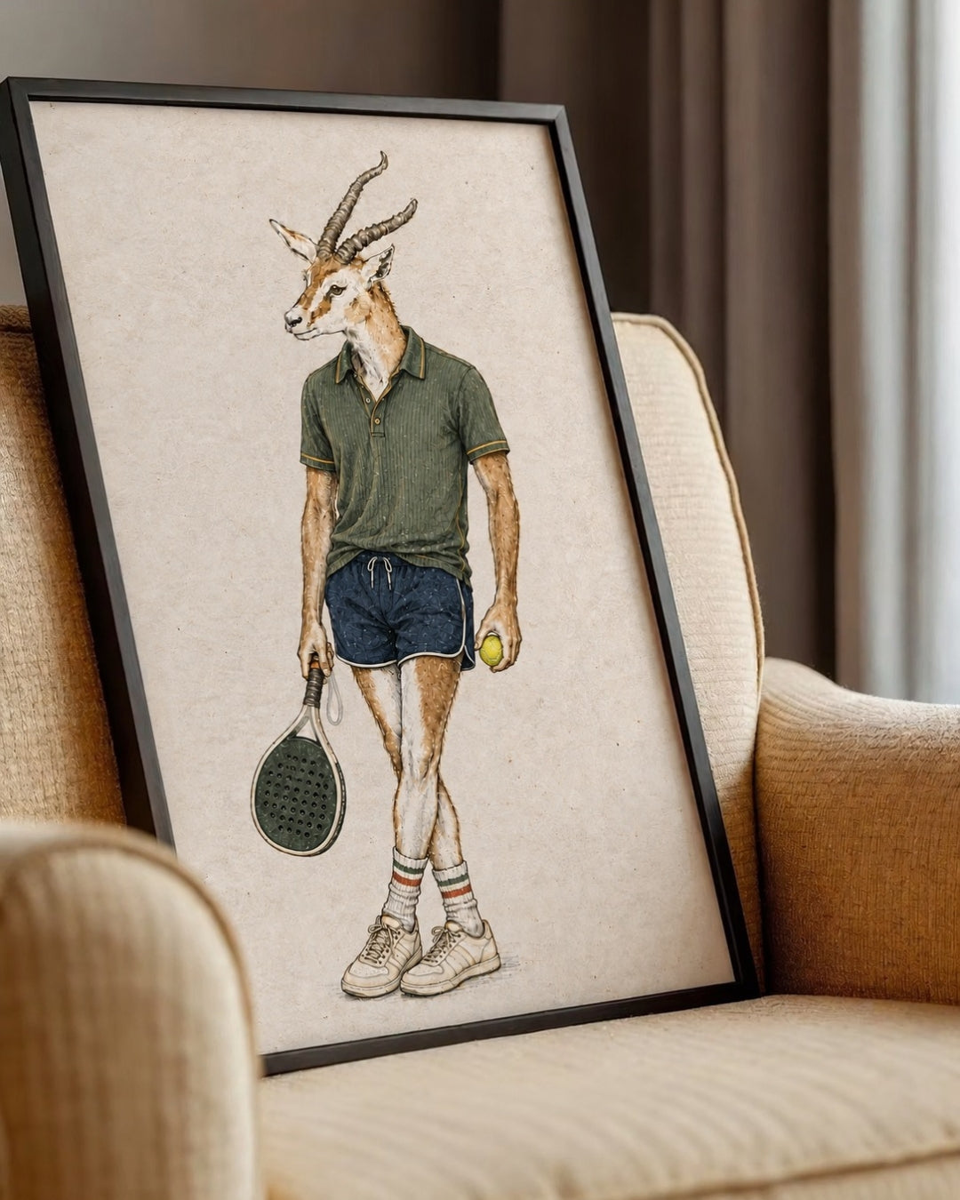 A framed art print featuring a whimsical illustration of a gazelle dressed in green and navy tennis attire, leaning against a beige armchair in a living room setting.