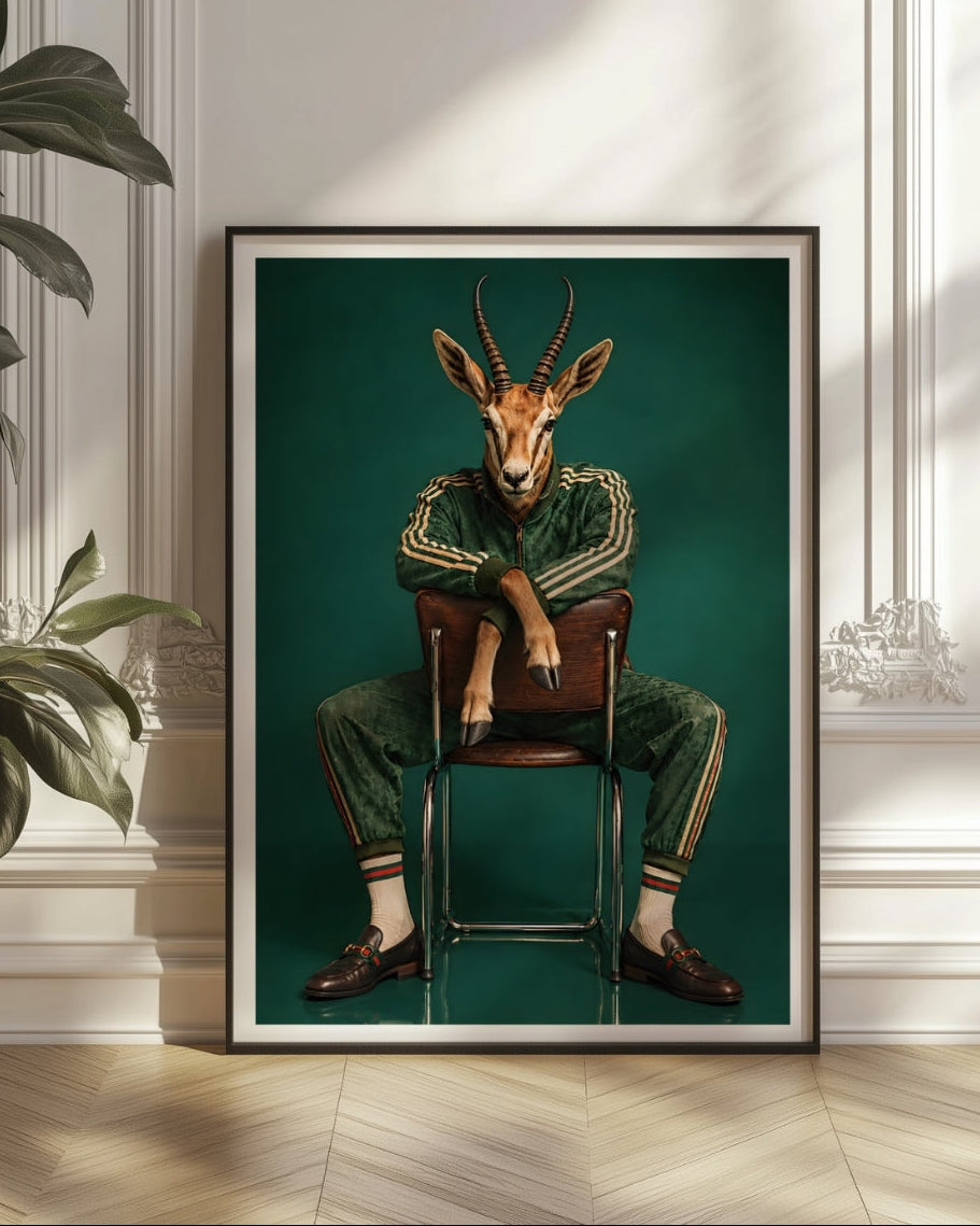 A framed art print featuring a stylized gazelle dressed in a green tracksuit sitting on a chair, displayed on a light wood floor against a white paneled wall with soft window shadows.
