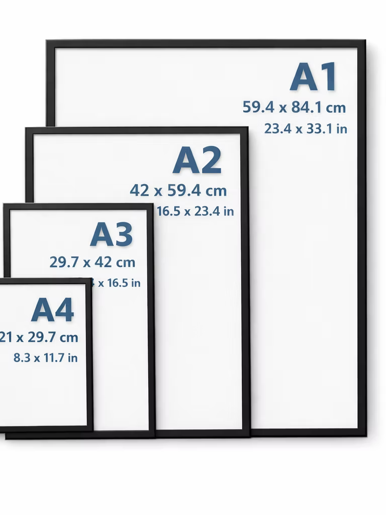Four black picture frames shown in ascending size from A4 to A1 on a white background, each labeled with dimensions in centimeters and inches.