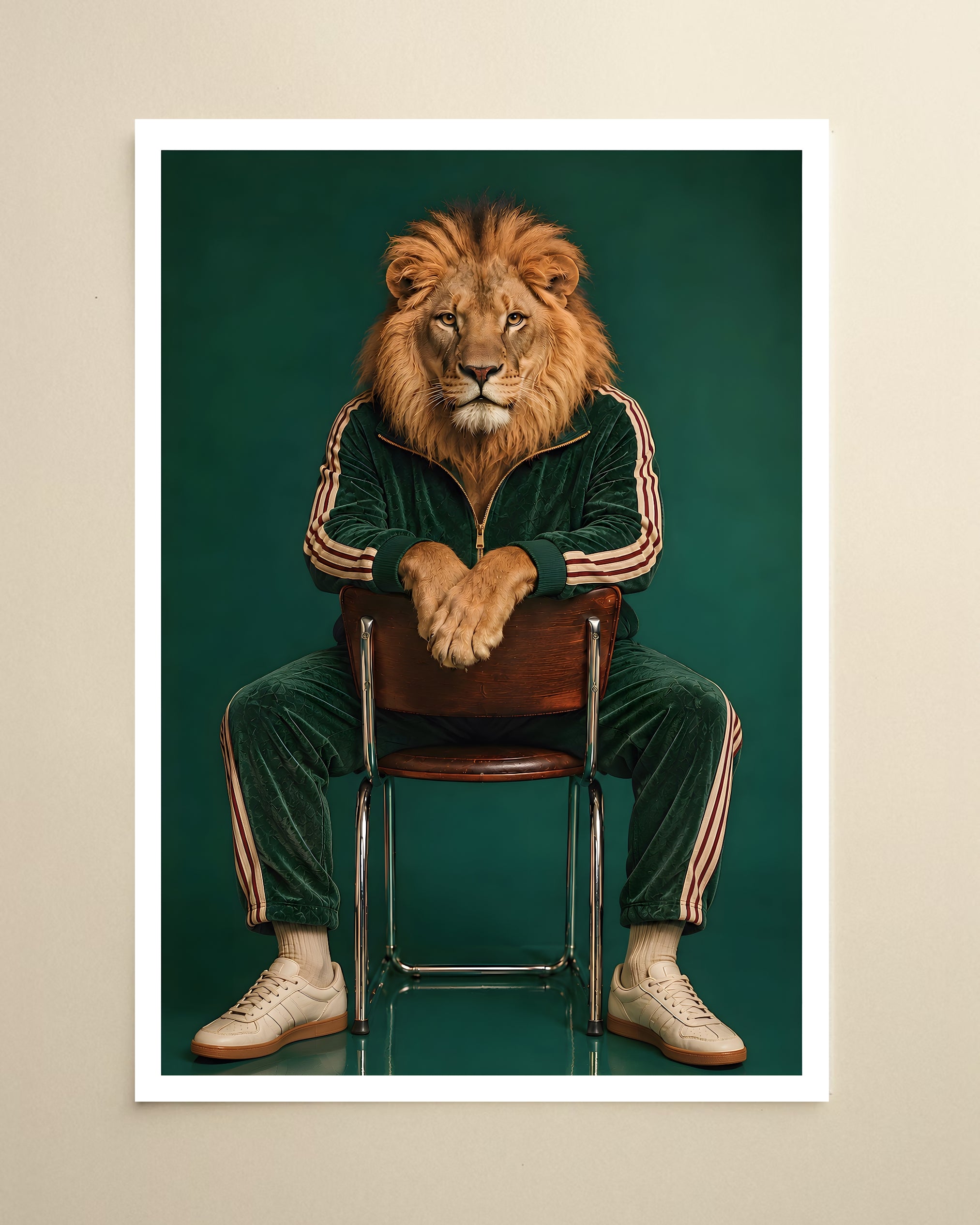 A framed art print featuring a stylized portrait of a lion with a human face, seated on a wooden chair and wearing a dark green tracksuit with beige stripes, against a dark teal background. The print is displayed on a light beige wall.