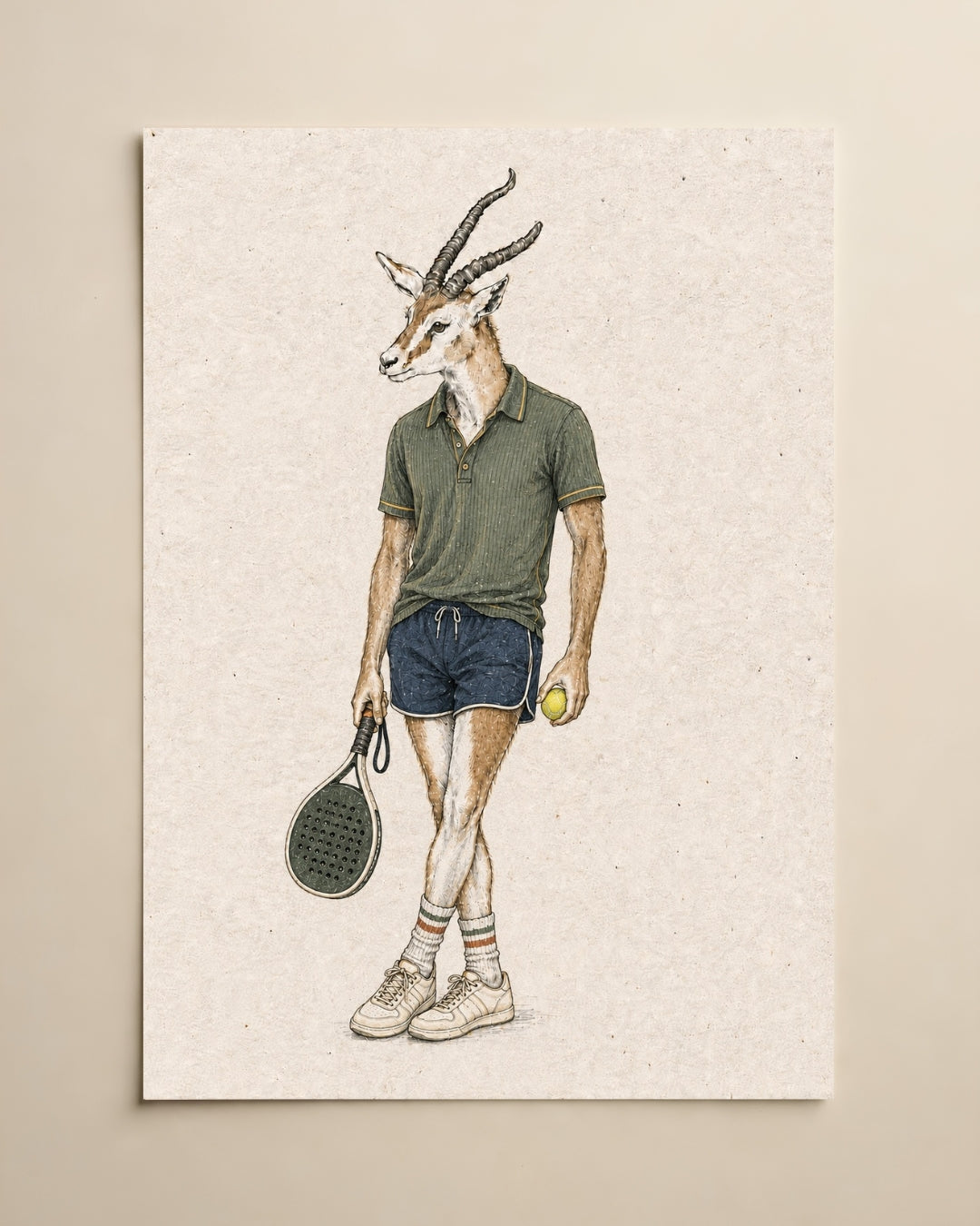 A vertical art print featuring a whimsical illustration of a gazelle dressed in a green polo shirt, navy shorts, and white sneakers, holding a tennis racket and a tennis ball, displayed on a neutral beige wall.
