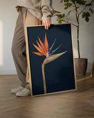 A person in a beige sweater and brown pants holds a framed botanical art print featuring an orange and blue bird of paradise flower on a dark navy background, set in a modern room with a wooden floor and a potted plant.
