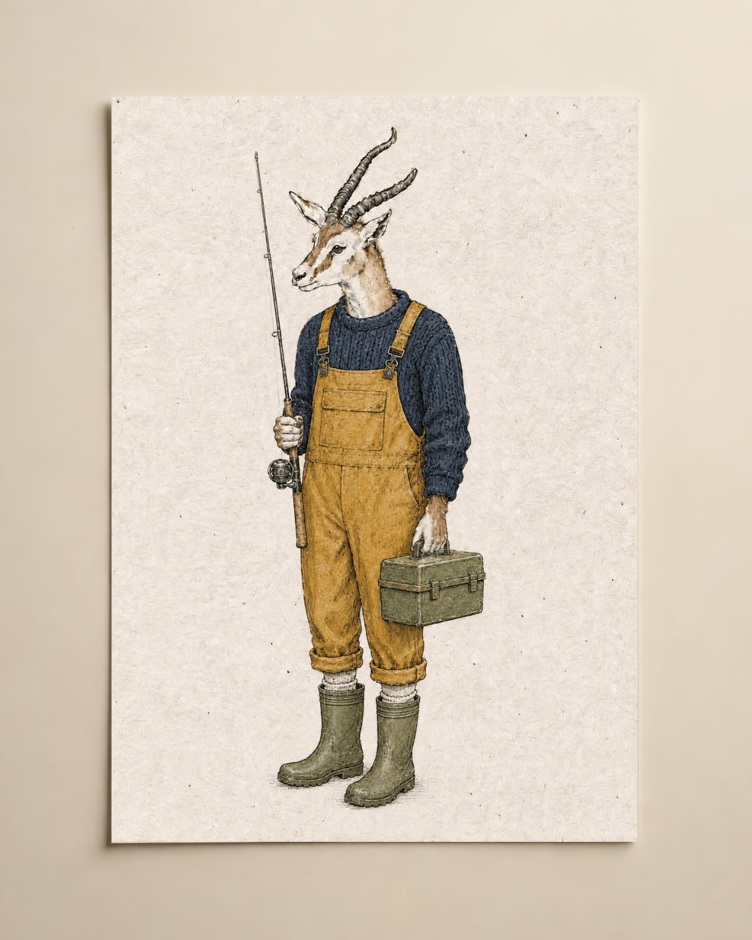 A vertical art print featuring an anthropomorphic gazelle dressed in yellow overalls, a navy sweater, and green rain boots, holding a fishing rod and carrying a green tackle box. The print is displayed on a textured beige wall against a neutral beige background.