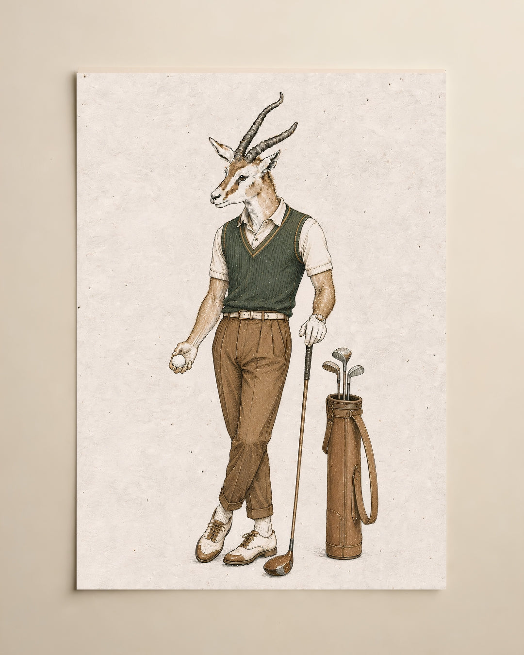 A vertical art print featuring a whimsical illustration of a gazelle-headed man dressed in golf attire, standing next to a golf bag on a textured cream background, shown hanging on a beige wall.