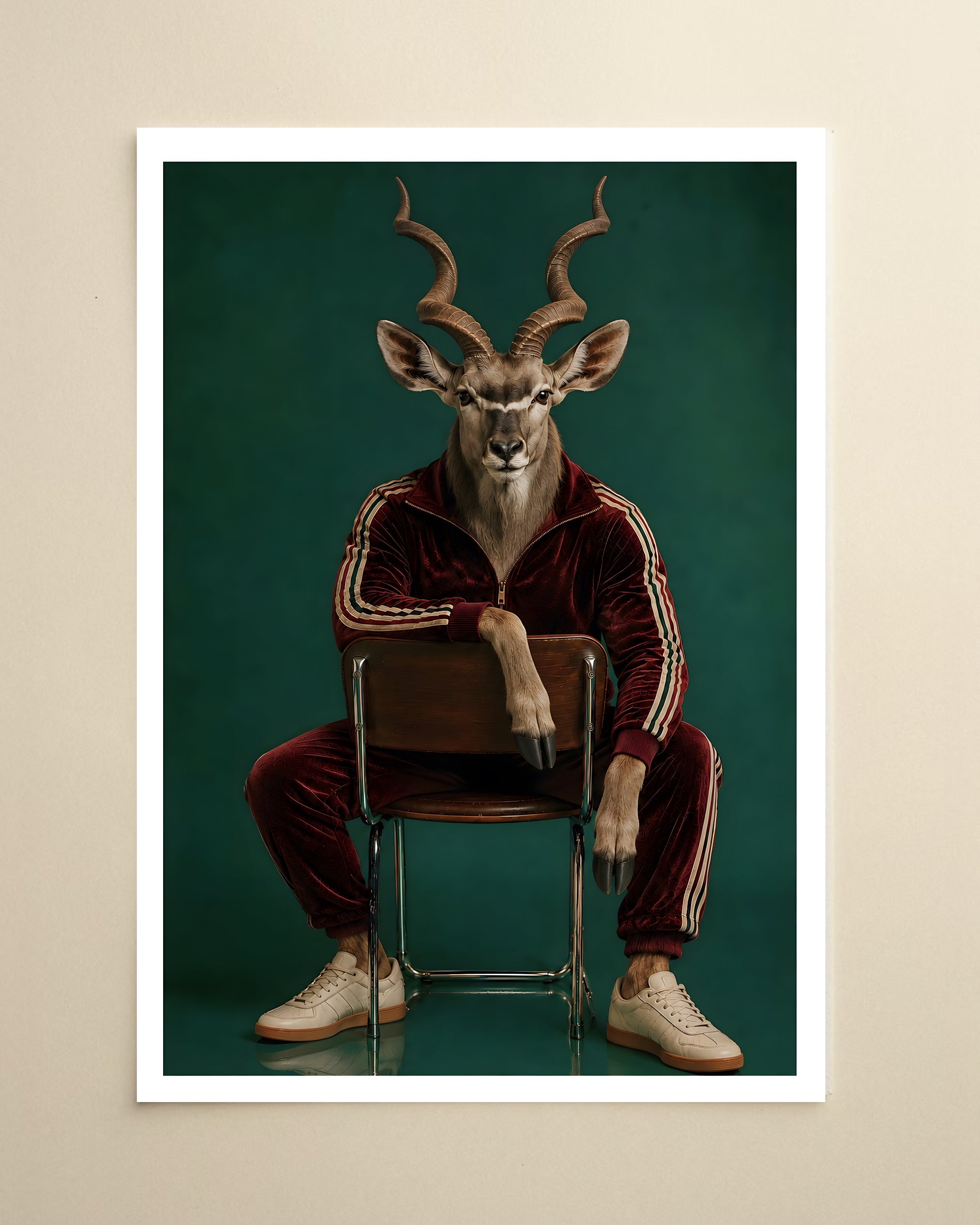 A framed art print featuring a surreal portrait of a kudu antelope dressed in a dark red velour tracksuit with white stripes, seated on a chair against a dark teal background. The print is displayed on a light beige wall.