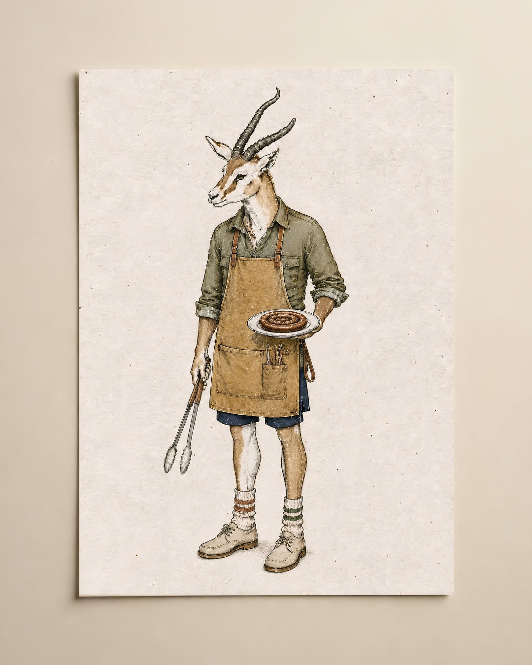 A vertical art print featuring a whimsical illustration of a gazelle dressed as a chef, wearing an apron and holding a plate with a burger, displayed on a neutral beige wall.