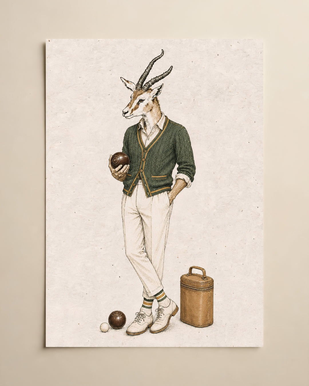 A vertical art print featuring an illustrated gazelle dressed in vintage sportswear, including a green cardigan, cream trousers, white shoes, and holding a bowling ball, shown against a warm beige background.