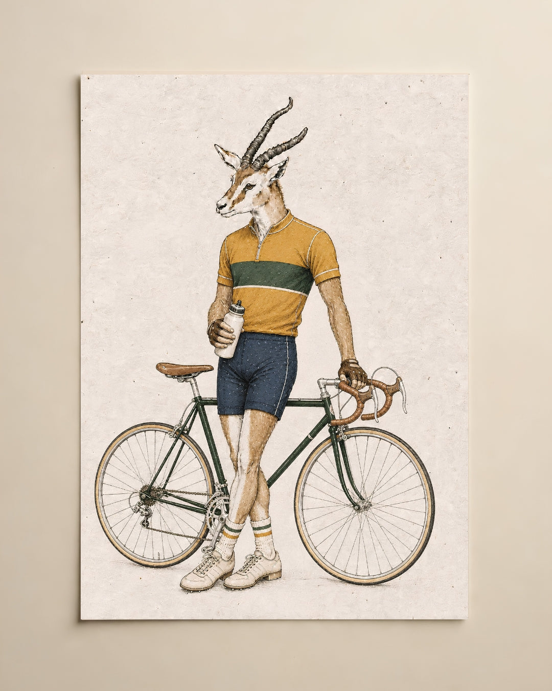 A vintage-style art print featuring a gazelle dressed as a cyclist with a road bike, shown hanging on a light beige wall.