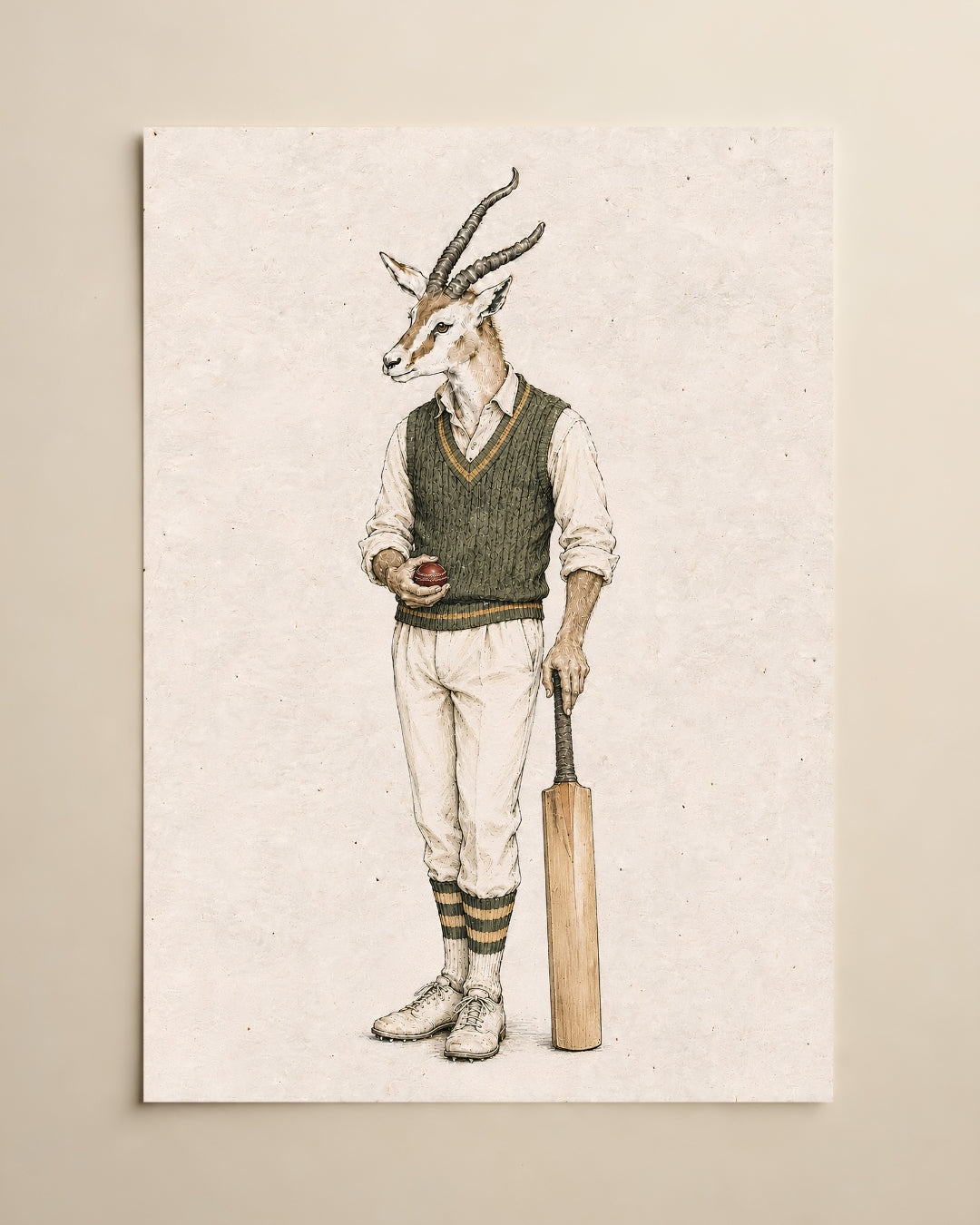 A vertical art print featuring a whimsical illustration of a gazelle dressed in vintage cricket attire, holding a bat and wearing a cricket ball. The print is displayed on a neutral beige wall.