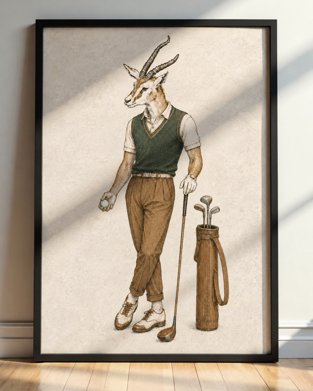 A framed art print featuring a whimsical illustration of a male springbok gazelle dressed in golf attire, standing next to a golf bag. The print is displayed in a black frame on a light-colored wall above a wooden floor, with soft diagonal shadows cast across the print.