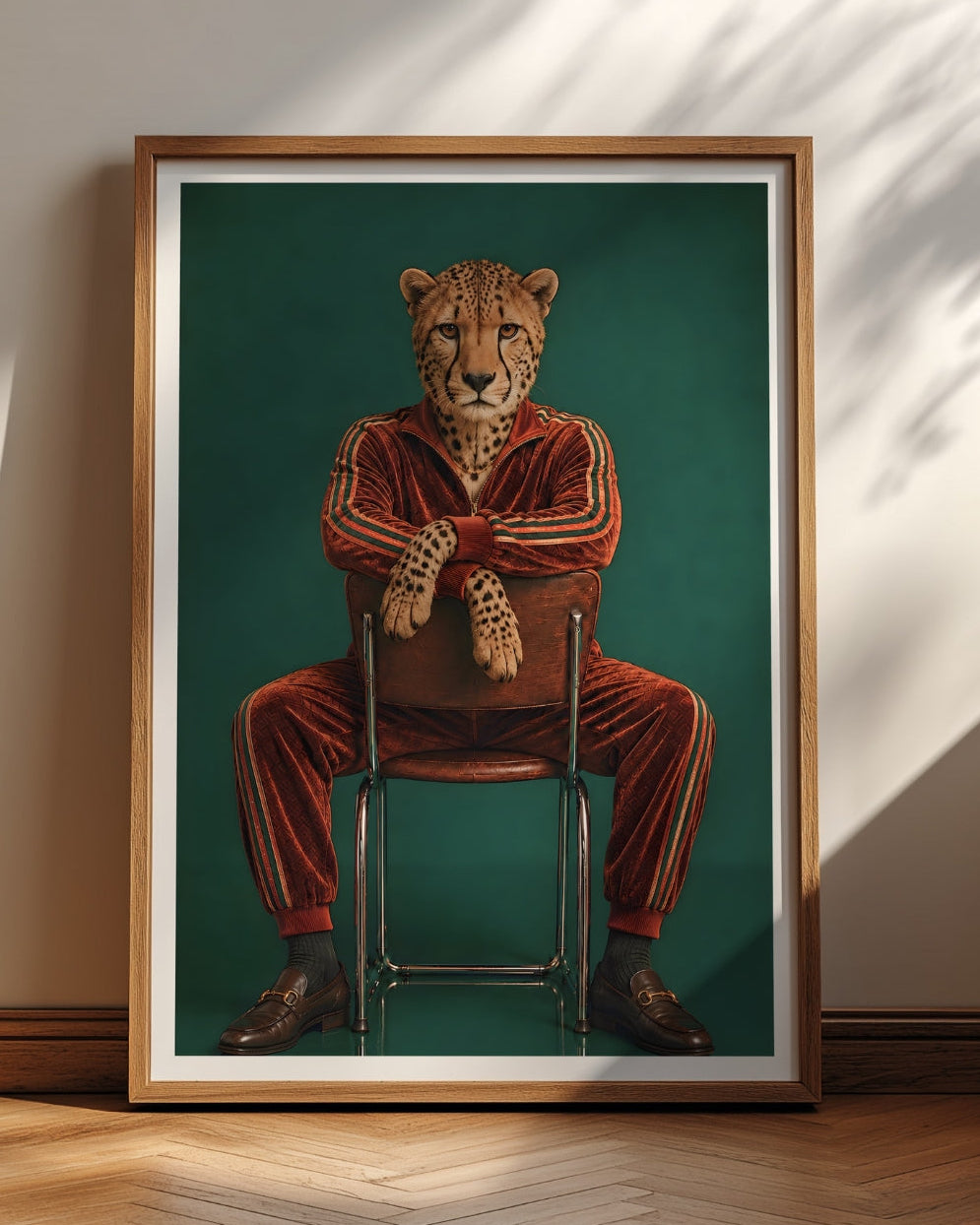 A framed art print featuring a cheetah dressed in a red tracksuit sitting on a chair against a dark teal background, leaning against a beige wall on a wooden floor.
