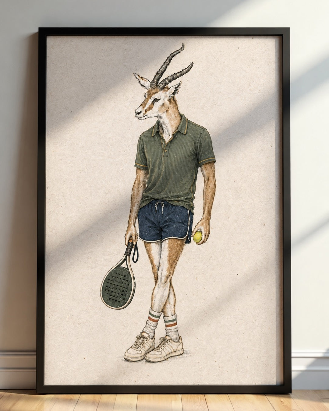 A framed art print featuring a whimsical illustration of a gazelle with antlers dressed in green polo shirt, blue shorts, and sneakers, holding a tennis racket and a tennis ball, displayed on a wall above a wooden floor.
