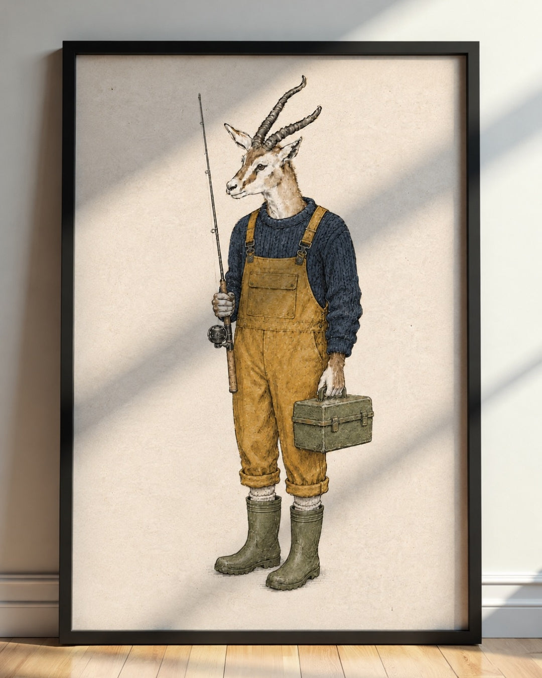 A framed art print featuring a whimsical illustration of a gazelle dressed as a fisherman, standing on a light wood floor against a white wall with soft window shadows.