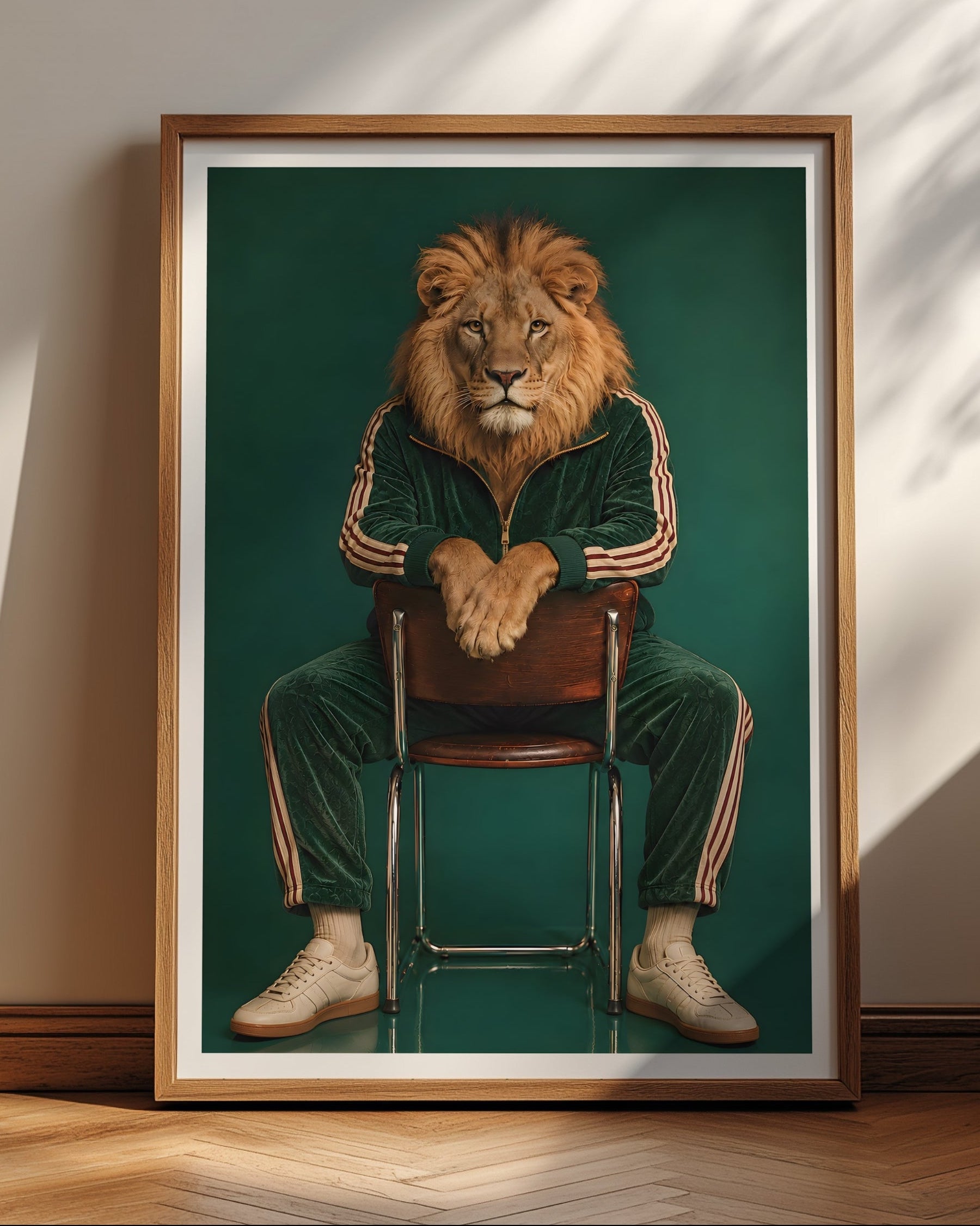 A framed art print featuring a lion with a human face sitting on a chair, wearing a green tracksuit with white stripes, set against a dark green background. The print is housed in a light brown wooden frame and leans against a beige wall on a wooden floor.