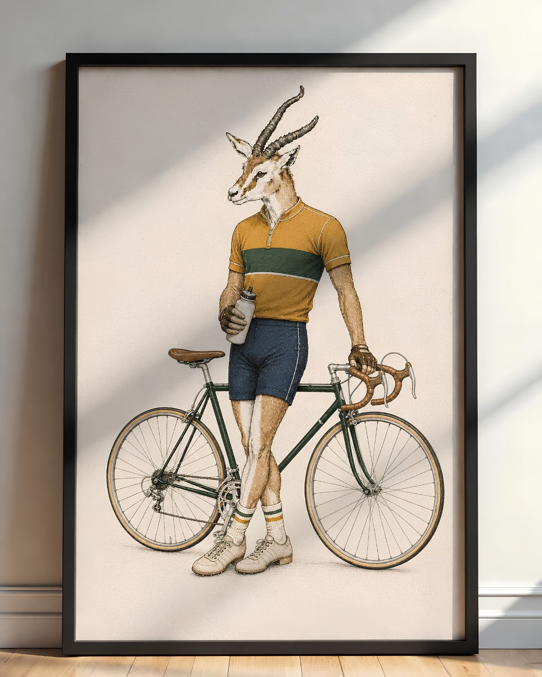 A framed art print leaning against a wall on a wooden floor. The print features a whimsical illustration of a gazelle with antlers dressed as a cyclist, wearing a yellow and green striped shirt, navy shorts, and holding a bicycle.