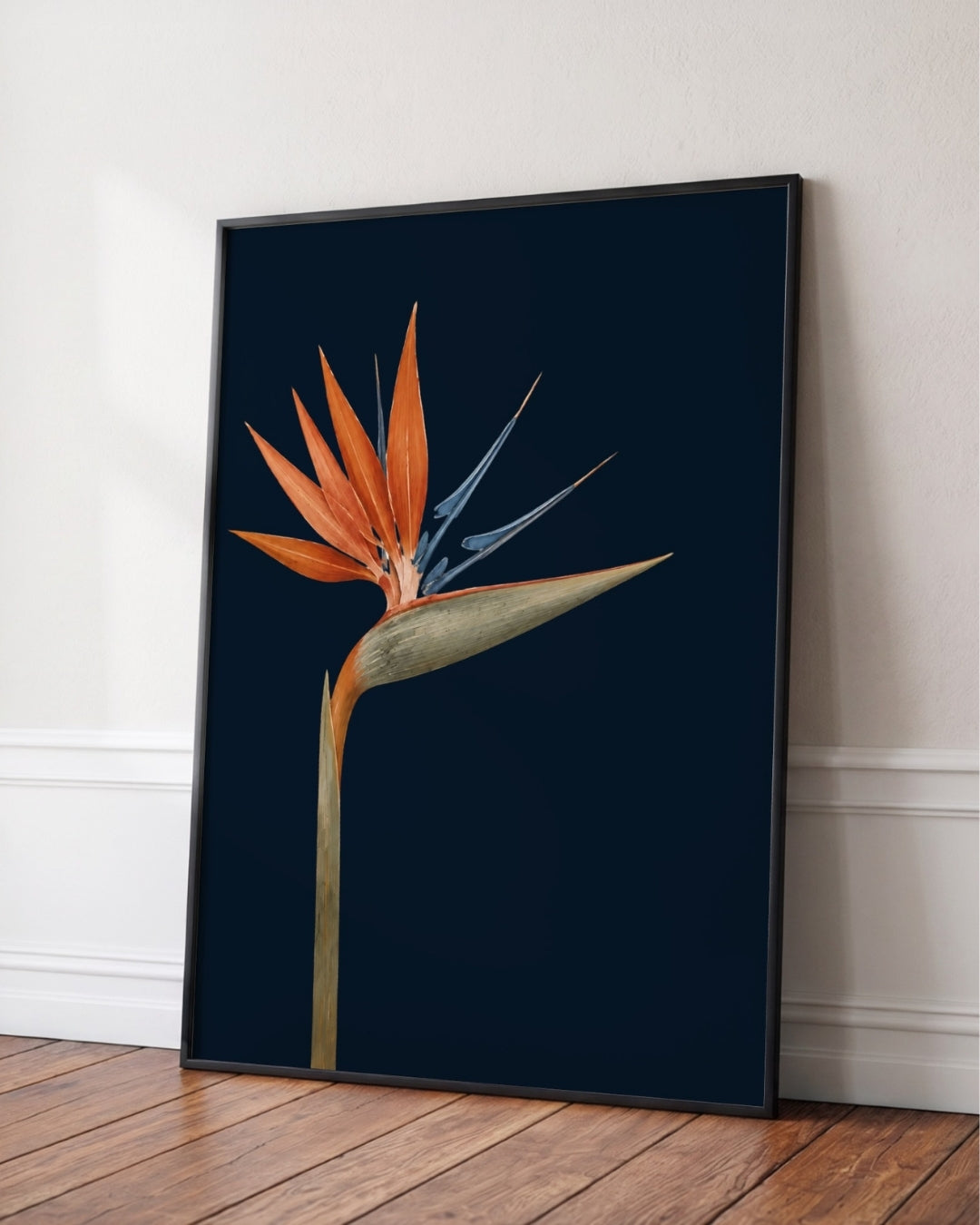 A framed botanical art print of a bird of paradise flower leaning against a white wall on a wooden floor. The print features a vibrant orange and blue flower on a dark navy blue background, enclosed in a thin black frame.