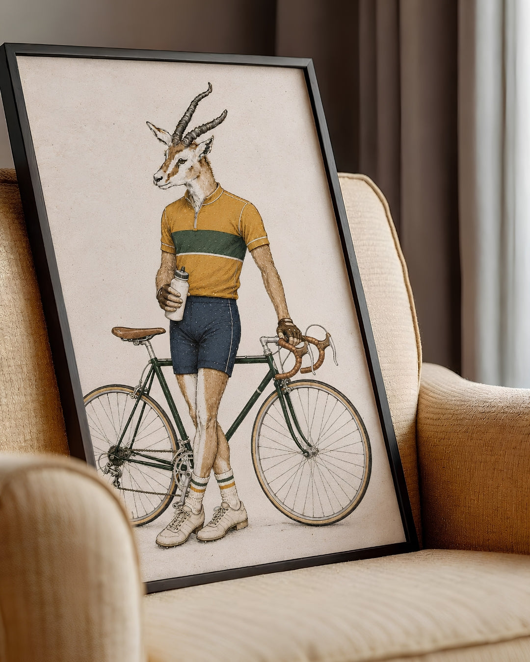 A framed art print featuring a whimsical illustration of a gazelle dressed as a cyclist, leaning against a beige armchair in a cozy room setting.