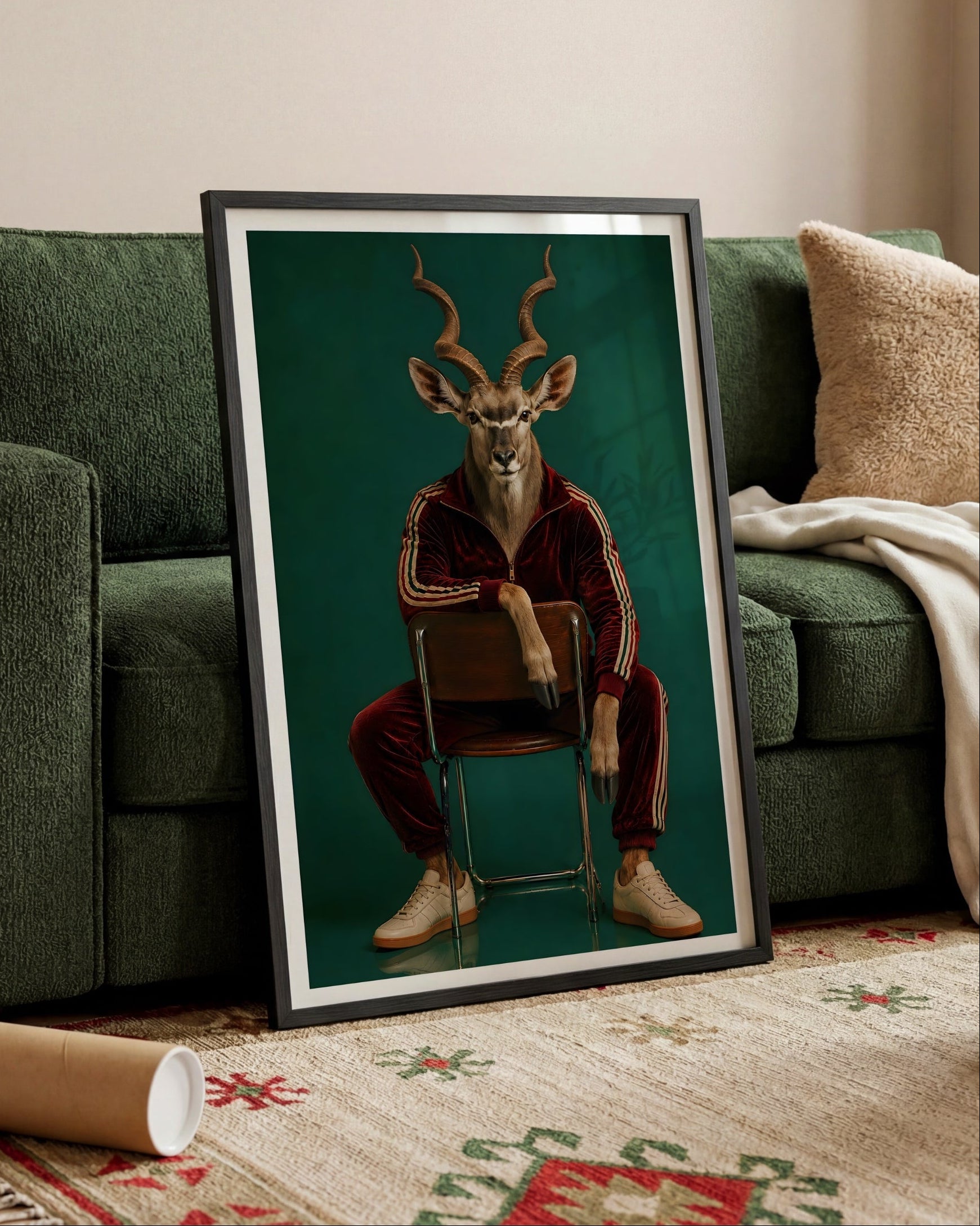 A framed vertical art print leaning against a green sofa in a living room. The print shows a deer-like figure with antlers seated on a chair, wearing a red tracksuit against a dark teal background.