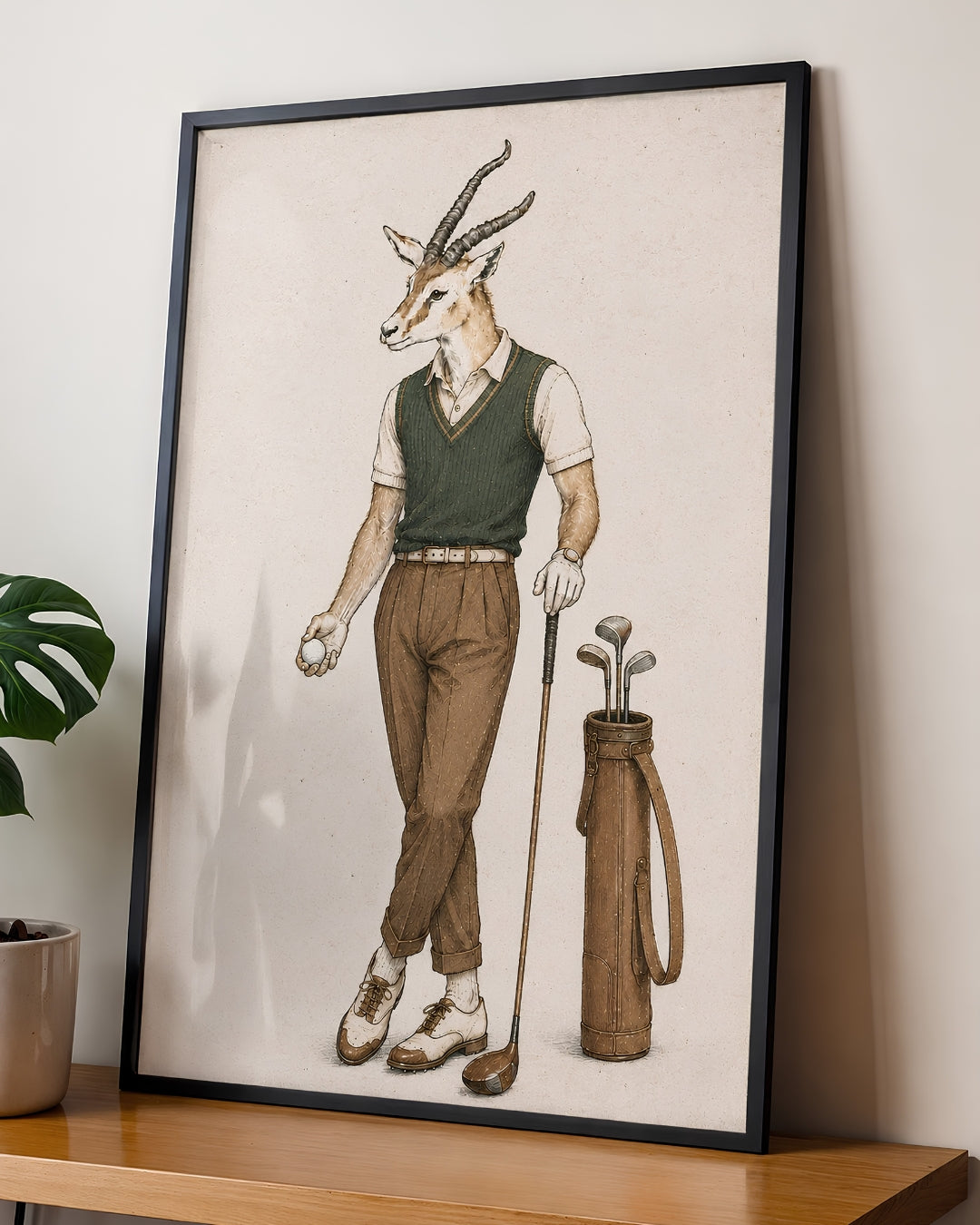 A framed art print featuring a whimsical illustration of a male antelope dressed in golf attire, leaning against a wall on a wooden shelf next to a potted plant.