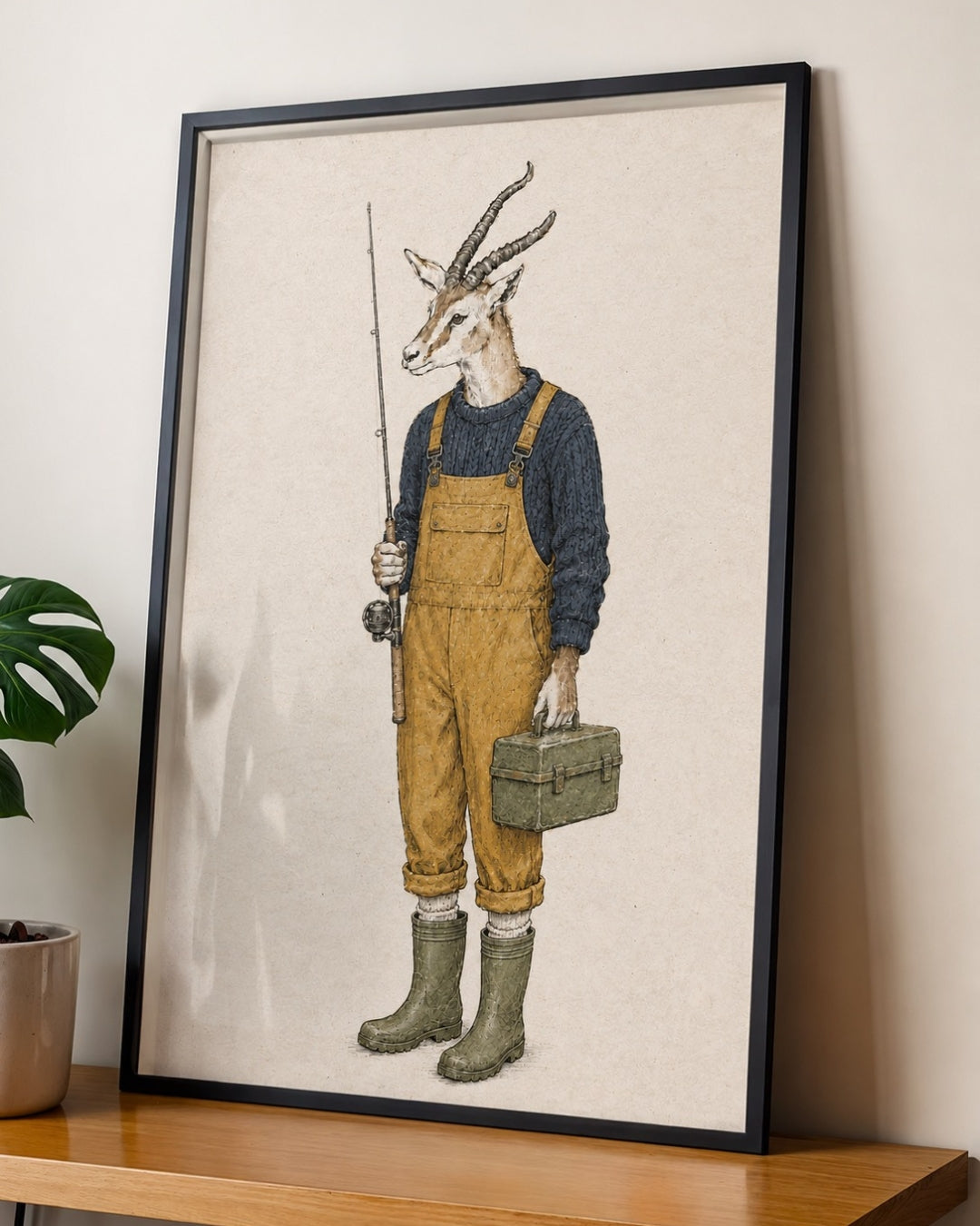 A framed art print featuring an anthropomorphic gazelle dressed in yellow overalls, a navy sweater, and green boots while holding a fishing rod and carrying a box, displayed on a wooden shelf against a beige wall.