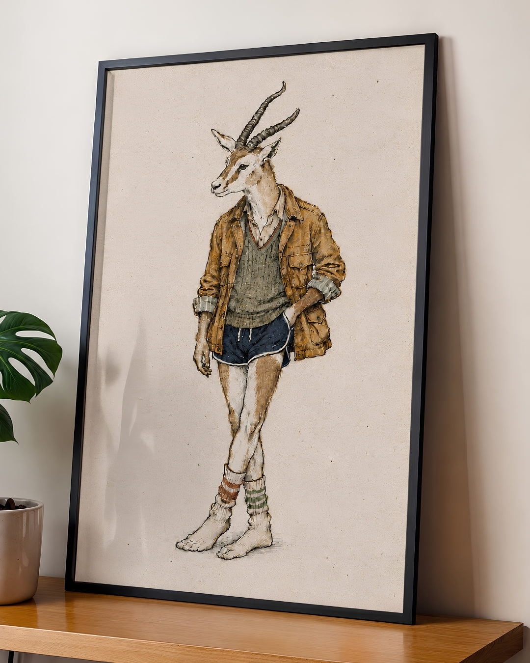 A framed art print featuring a whimsical illustration of a gazelle dressed in casual clothing, leaning against a beige wall on a wooden shelf next to a potted plant.