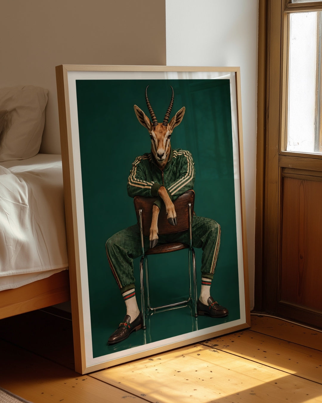 A framed art print leaning against a bed in a warm, sunlit bedroom. The print features a whimsical illustration of a gazelle with antlers sitting on a chair, dressed in a green tracksuit against a dark teal background.
