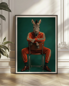 A framed art print featuring a zebra dressed in an orange tracksuit sitting on a chair against a dark green background, displayed on a light wood floor in a classical room setting with a potted plant.