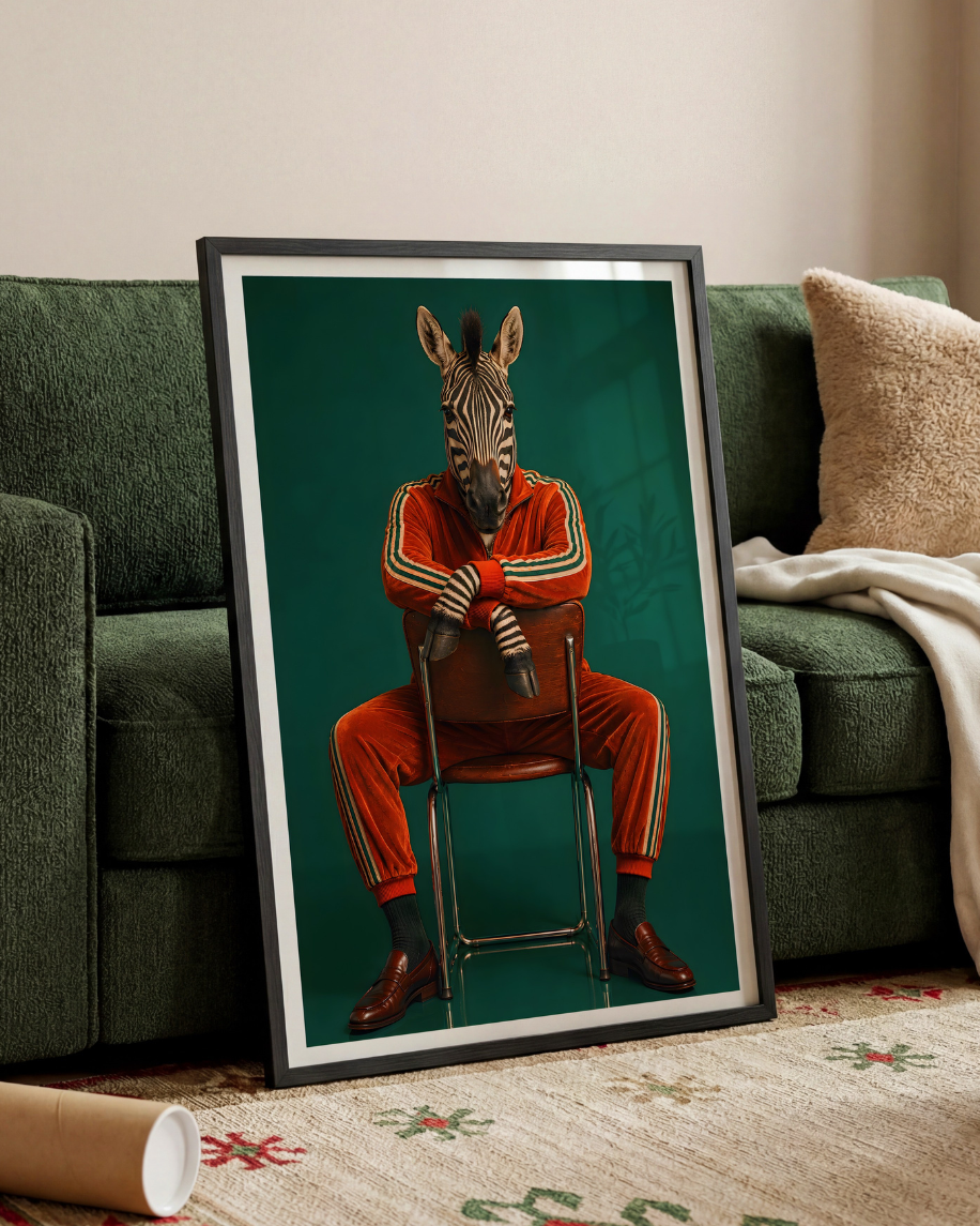 A framed art print leaning against a green sofa in a living room. The print features a zebra wearing a red and green tracksuit sitting on a chair against a dark teal background.