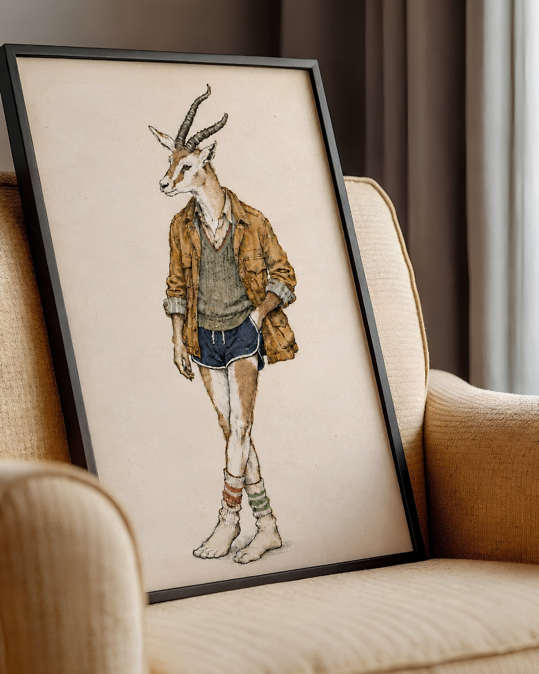 A framed art print featuring a whimsical fashion illustration of a gazelle dressed in casual clothing, leaning against a beige armchair in a cozy room setting.