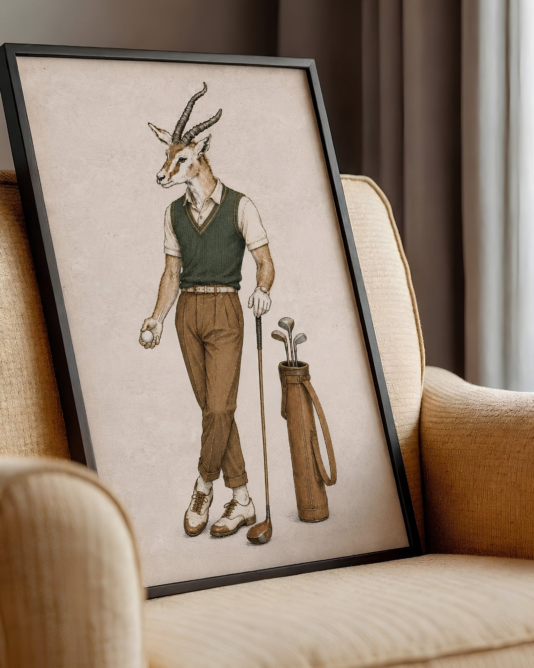 A framed art print featuring a whimsical illustration of a gazelle dressed in golf attire, leaning against a beige armchair in a cozy room setting.