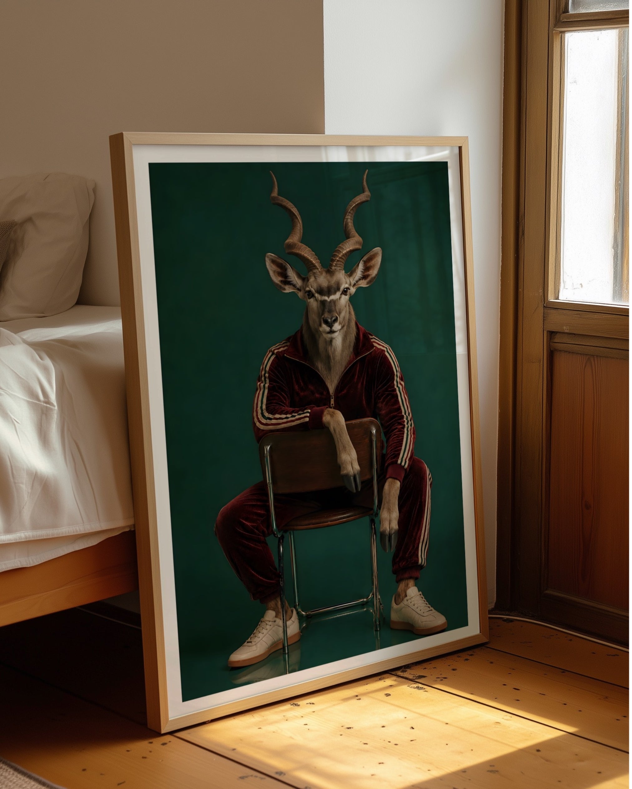 A framed art print leaning against a wall in a sunlit bedroom. The print shows a stylized portrait of a deer-like animal with long curved horns, seated on a chair, wearing a dark red tracksuit and white sneakers against a deep green background.