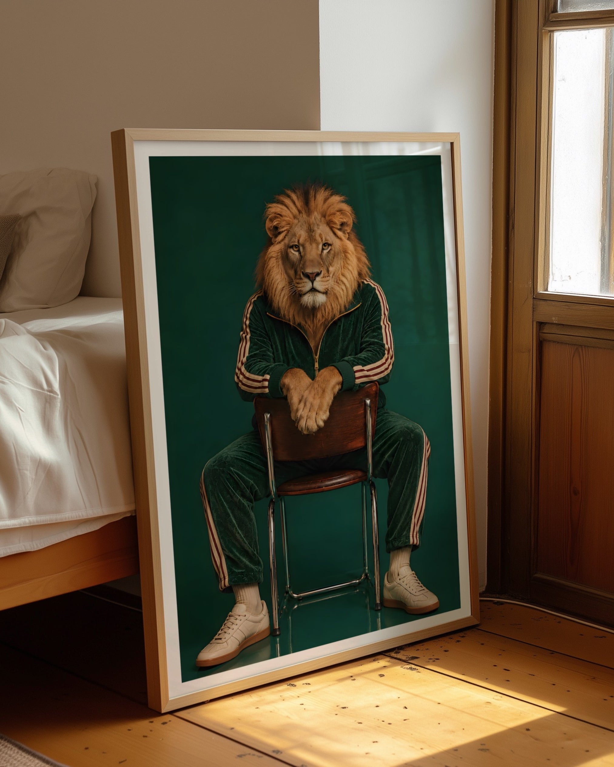 A framed art print leaning against a bed in a bedroom. The print shows a lion with a human face sitting on a chair, wearing a dark green tracksuit with white stripes and white sneakers, against a dark green background.