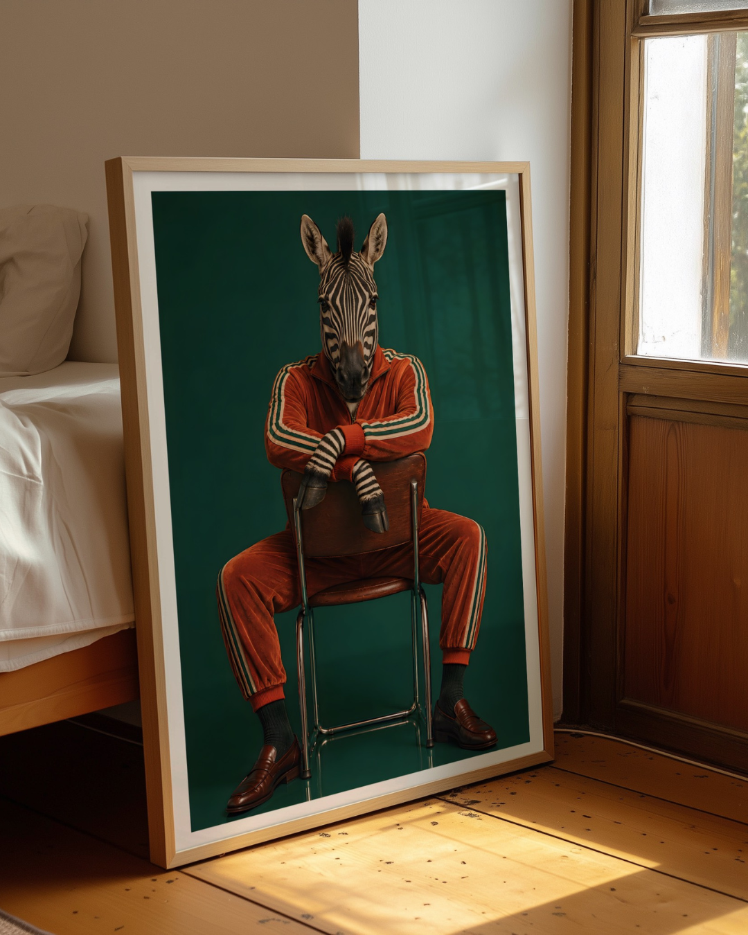 A framed art print leaning against a bed in a sunlit bedroom. The print shows a zebra-headed character wearing an orange tracksuit seated on a chair against a dark green background.