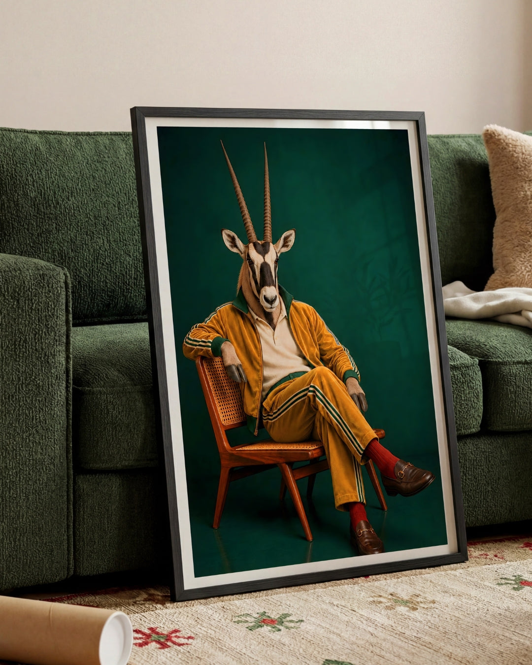 A framed art print leaning against a green sofa in a living room setting. The print features a surreal portrait of a gazelle wearing a yellow tracksuit and sitting on a wooden chair against a dark green background.