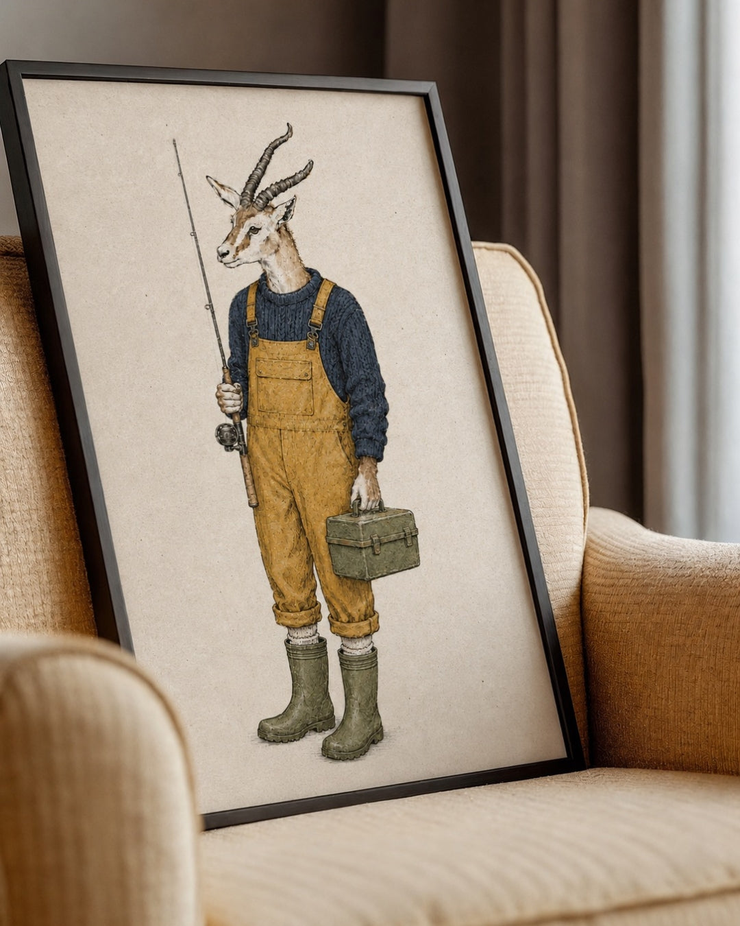 A framed art print featuring a whimsical illustration of a gazelle with antlers dressed in yellow overalls, a navy sweater, and green rain boots while holding a fishing rod and carrying a green box, leaning against a beige armchair in a living room setting.