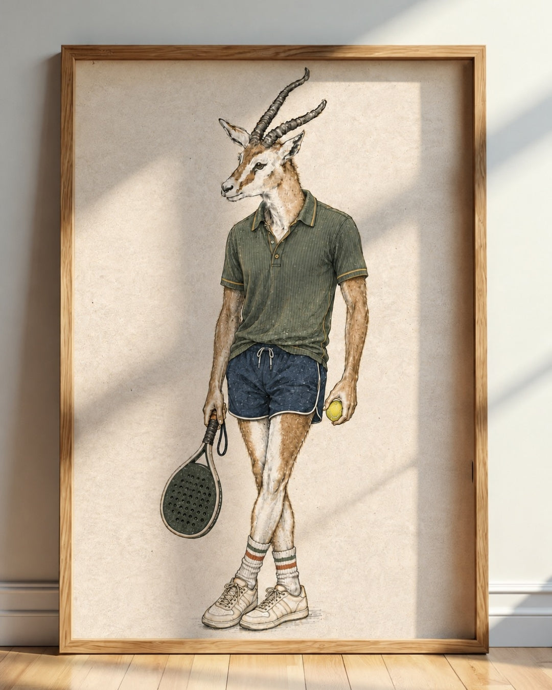 A framed art print featuring a whimsical illustration of an antelope with human characteristics, dressed in a green polo shirt, blue shorts, and holding a tennis racket and tennis ball, displayed on a wooden floor against a light wall.