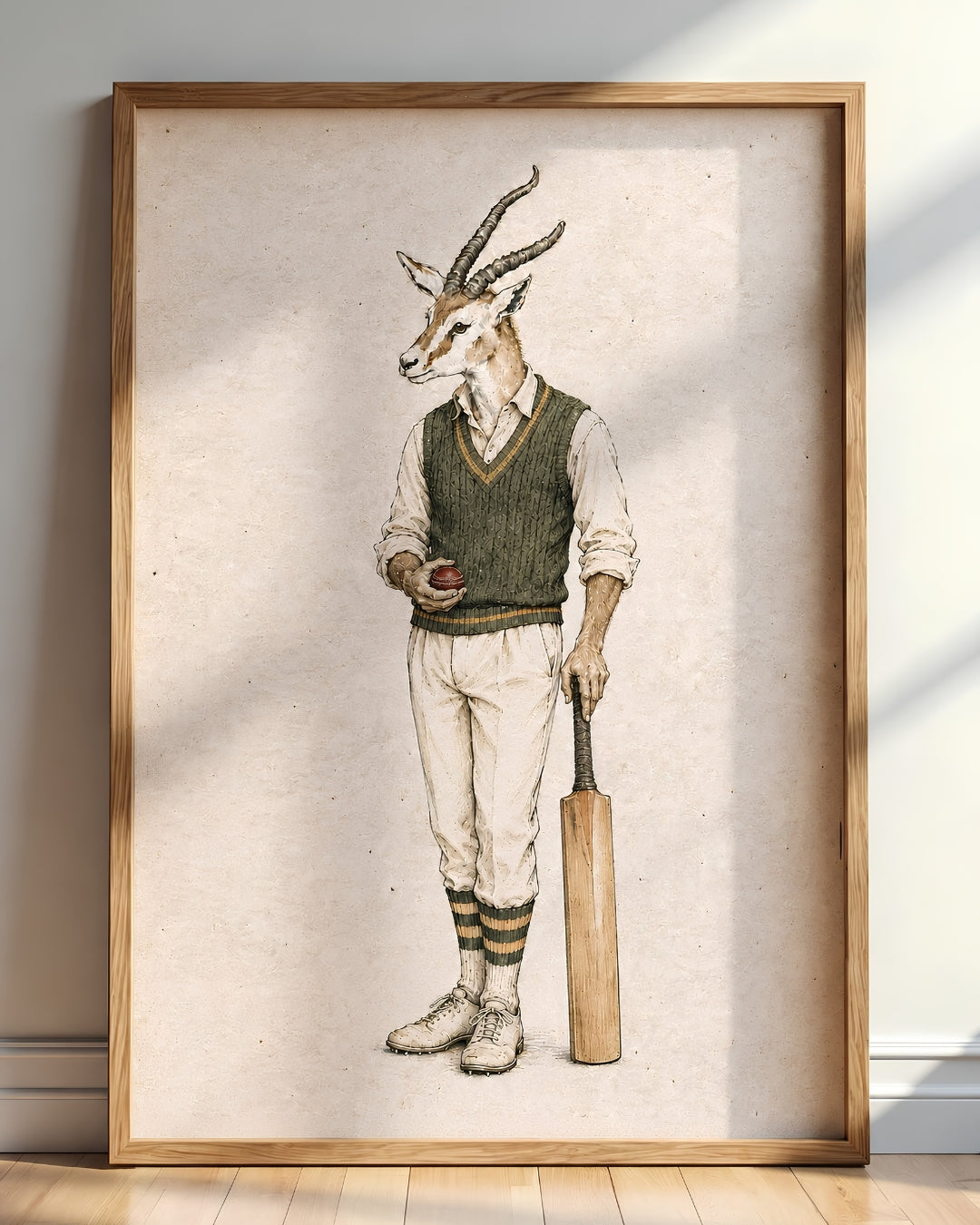 A framed art print featuring a whimsical illustration of a gazelle dressed in vintage cricket attire, holding a bat, leaning against a wall on a wooden floor.